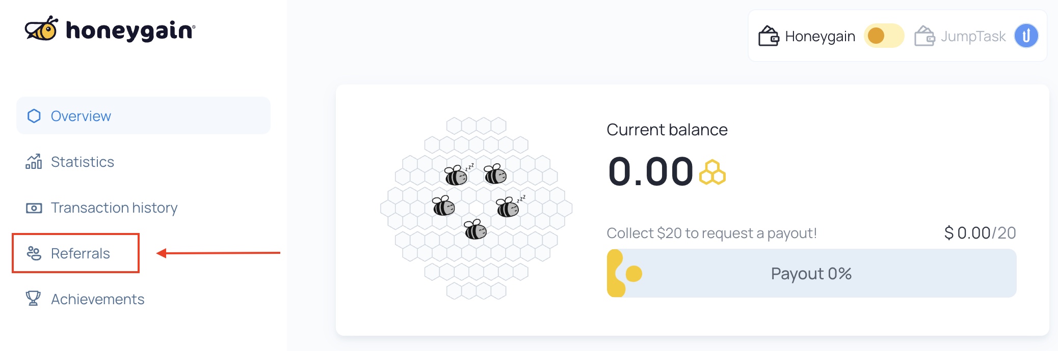 Referrals view on the Dashboard