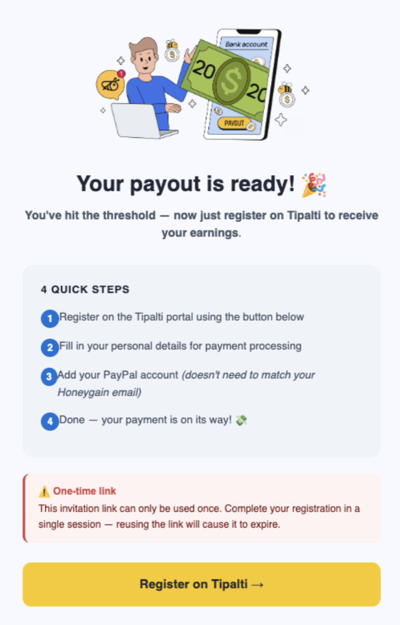 Invitation to Tipalti payout portal email